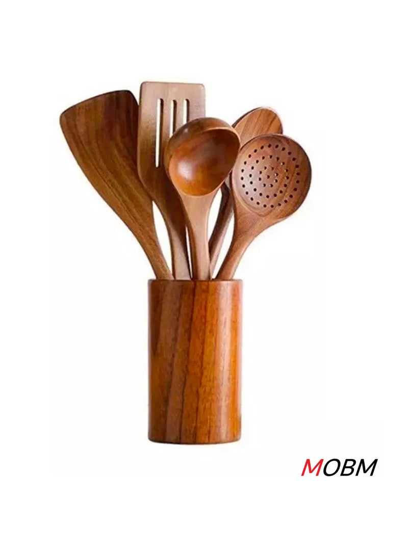 MOBM Wooden Kitchen Cooking Utensils 6 PCS Teak Wooden Spoons and Spatula for Cooking Sleek and Non-stick Cookware - Image 1